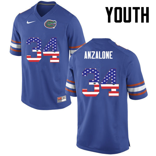 Youth Florida Gators #34 Alex Anzalone College Football USA Flag Fashion Jerseys-Blue
